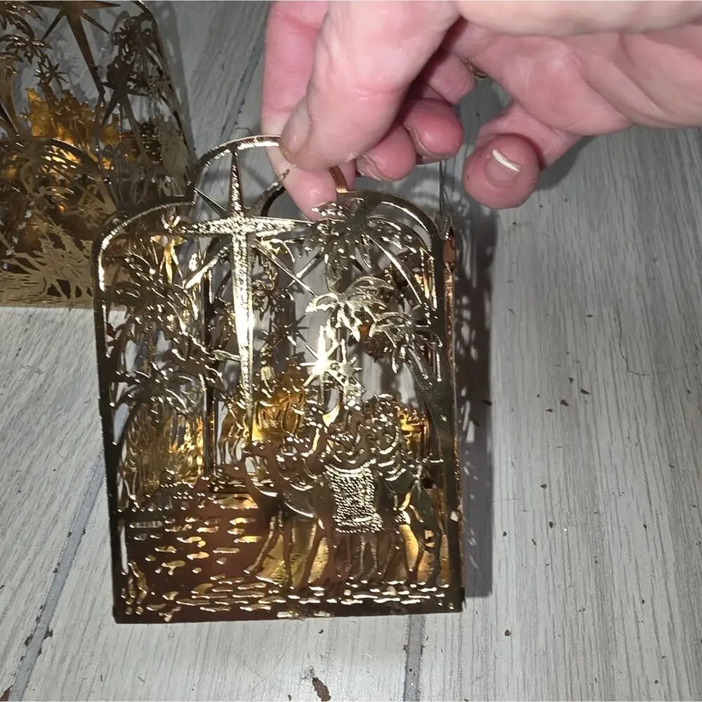 Vtg Brass Plated Nativity Candle Holder Set Of 2 MCM Holiday Religious Regency